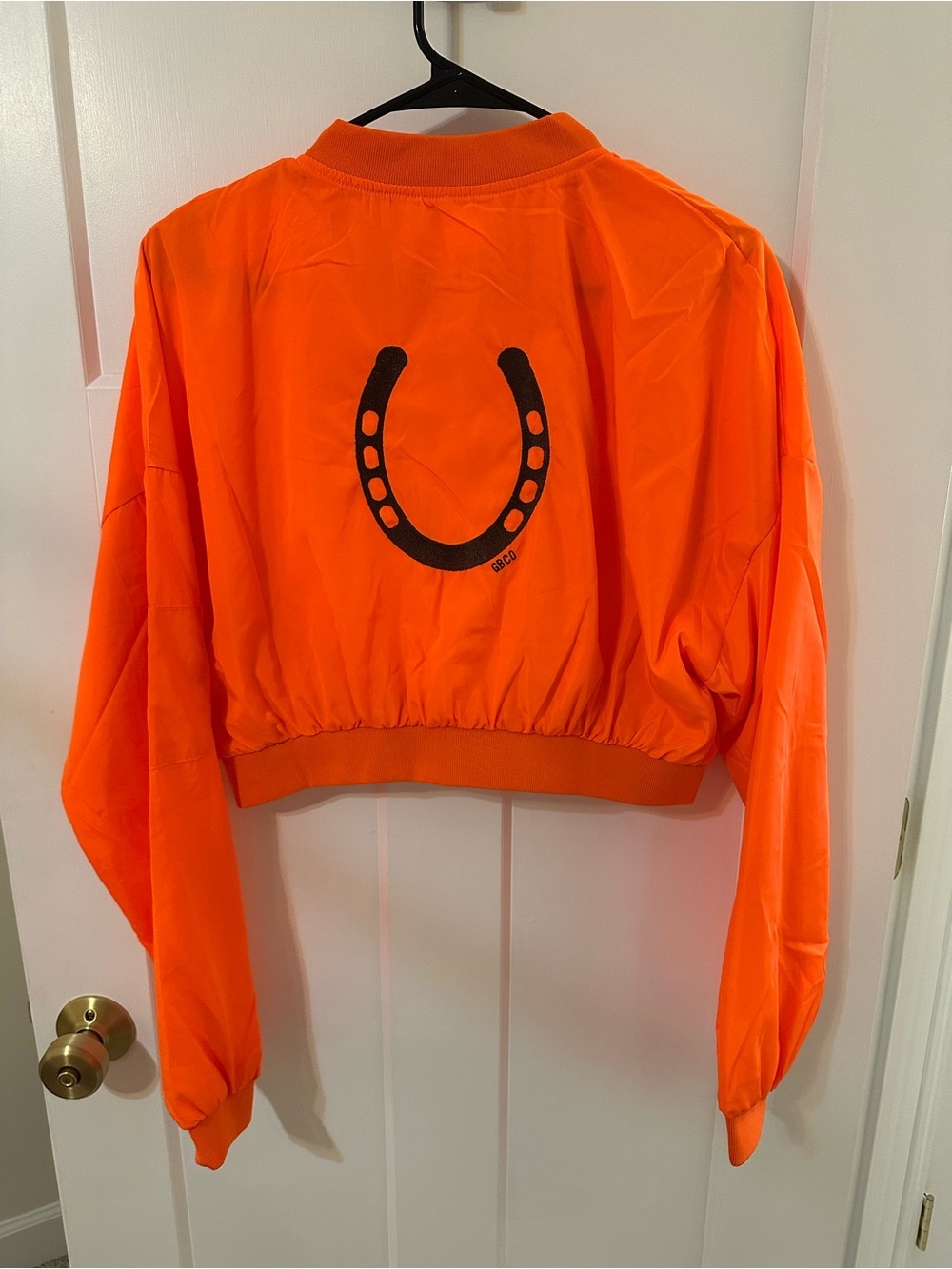 Bright Orange Cropped Bomber Jacket with Horseshoe Graphic brand new